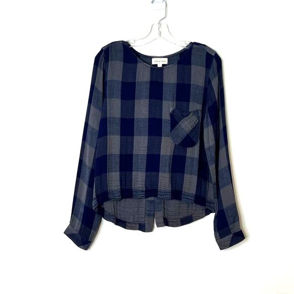 Cloth & Stone Long Sleeve Braided Back Plaid Top Blue Gray Small - Picture 2 of 10